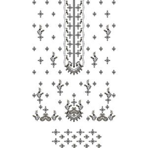Traditional Geometric Dress Embroidery Design with Ornamental Placket, Floral Sprays, and All-Over Buti Motifs
