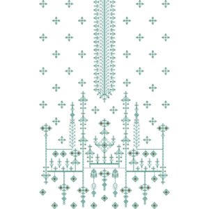 Traditional Geometric Dress Embroidery Design with Ornamental Placket, Ethnic Motifs, and Decorative Hanging Elements