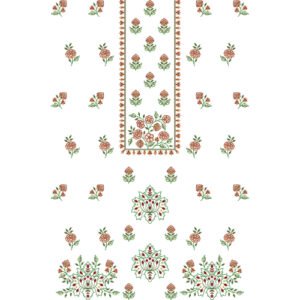 Traditional Floral Dress Embroidery Design with Rose Motifs, Ornamental Panel, and Botanical Arrangements