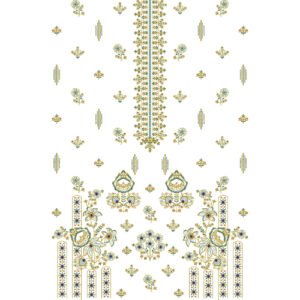 Elegant Floral Dress Embroidery Design with Ornamental Placket, Botanical Motifs, and Traditional Decorative Elements