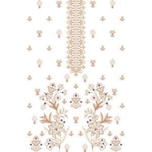 Elegant Floral Dress Embroidery Design with Ornamental Placket, Botanical Sprays, and Scattered Buti Motifs