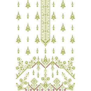 Elegant Botanical Dress Embroidery Design with Ornamental Placket, Floral Vines, and Geometric Accents