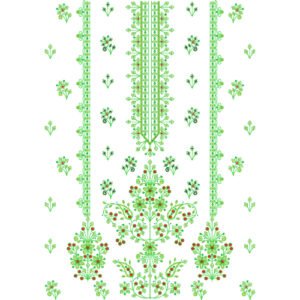 Elegant Floral Dress Embroidery Design with Ornamental Placket, Botanical Motifs, and Scattered Buti Pattern