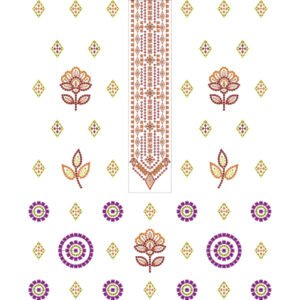 Traditional Geometric Floral Embroidery Design with Ornamental Placket, Ethnic Butis, and Decorative Medallion Motifs