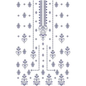 Elegant Ethnic Dress Embroidery Design with Ornamental Placket, Floral Butis, and Traditional Motif Arrangement