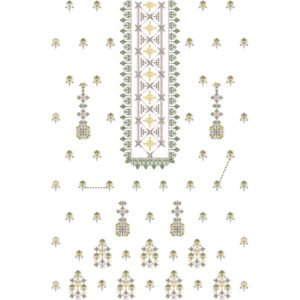 Traditional Floral Dress Embroidery Design with Ornamental Geometric Panel and Scattered Buti Motifs