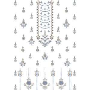 Elegant Floral Dress Embroidery Design with Ornamental Panel, Scattered Butis, and Decorative Botanical Motifs