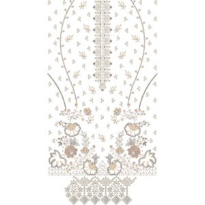 Elegant Floral Dress Embroidery Design with Ornamental Placket, Botanical Vines, and Decorative Lace Border