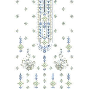 Elegant Geometric Floral Dress Embroidery Design with Ornamental Placket and Scattered Buti Motifs