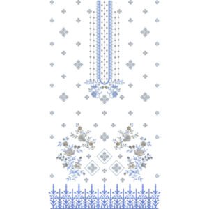 Elegant Floral Dress Embroidery Design with Ornamental Placket, Scattered Butis, and Decorative Botanical Border