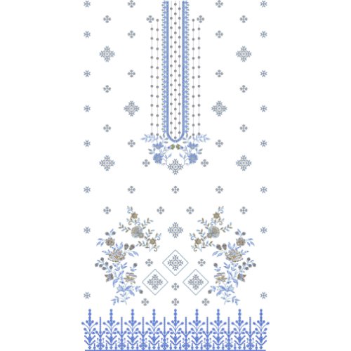 Elegant Floral Dress Embroidery Design with Ornamental Placket, Scattered Butis, and Decorative Botanical Border