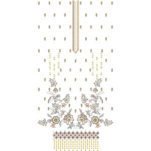 Elegant Floral Dress Embroidery Design with Ornamental Neckline, Scattered Butis, and Decorative Geometric Border