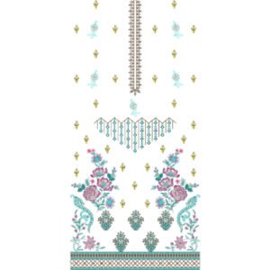 Elegant Floral Dress Embroidery Design with Ornamental Placket, Rose Bouquets, and Decorative Geometric Border