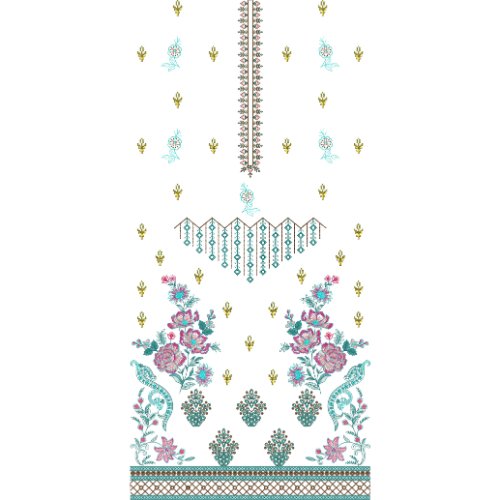 Elegant Floral Dress Embroidery Design with Ornamental Placket, Rose Bouquets, and Decorative Geometric Border