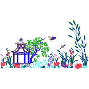 Elegant Oriental Garden Pagoda Floral Birds and Lotus Scenic Lace Embroidery Design