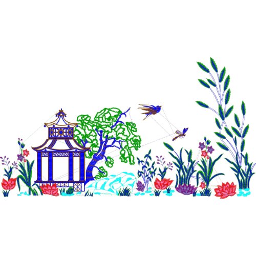 Elegant Oriental Garden Pagoda Floral Birds and Lotus Scenic Lace Embroidery Design