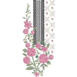 Elegant Rose Floral Border Embroidery Design | Greek Key Side Panel Machine Embroidery Pattern