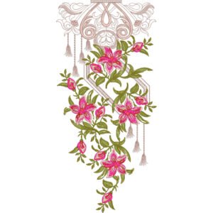 Elegant Lily Vine Neck Embroidery Design | Vintage Floral Hanging Tassel Machine Embroidery Pattern