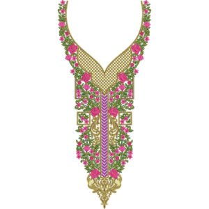 Elegant Floral V-Neck Embroidery Design with Rose Vine and Ornamental Panel Pattern