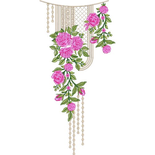 Luxury Rose Corner Neck Embroidery Design with Cascading Floral Vine and Ornamental Border