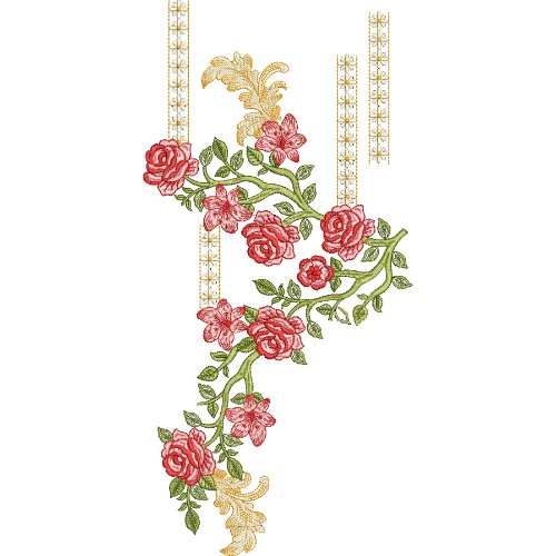 Elegant Rose Vine Neck Embroidery Design with Floral Branch and Ornamental Border Pattern