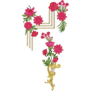Elegant Floral Corner Neck Embroidery Design with Rose Blossoms and Ornamental Border Pattern