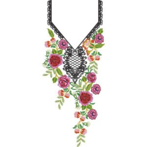 Luxury Floral V-Neck Embroidery Design with Ornamental Lace Panel and Rose Vine Pattern