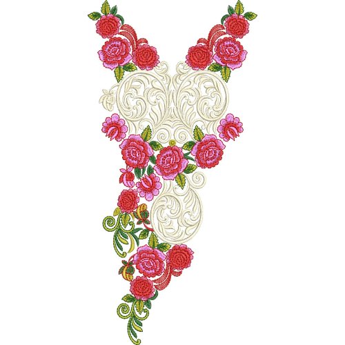 Luxury Floral V-Neck Embroidery Design with Ornamental Scrollwork and Rose Vine Pattern