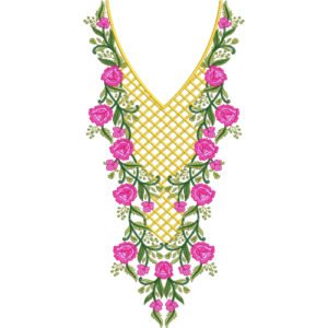 Luxury Rose V-Neck Embroidery Design with Lattice Pattern and Cascading Floral Vines