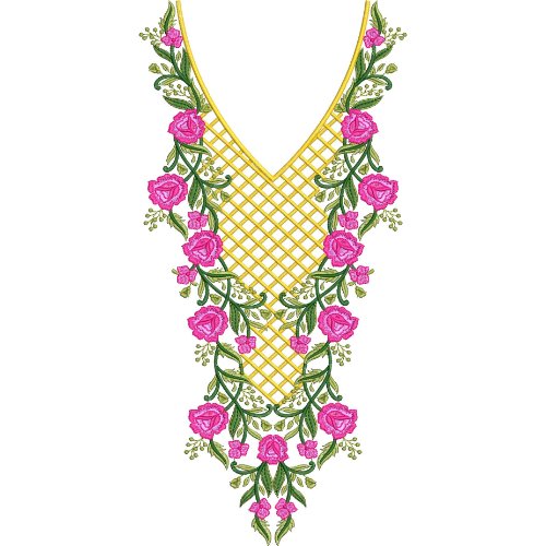 Luxury Rose V-Neck Embroidery Design with Lattice Pattern and Cascading Floral Vines