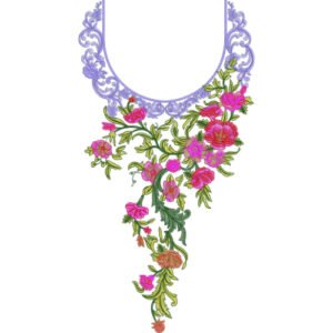 Luxury Floral Round Neck Embroidery Design with Ornamental Border and Cascading Blossom Vine