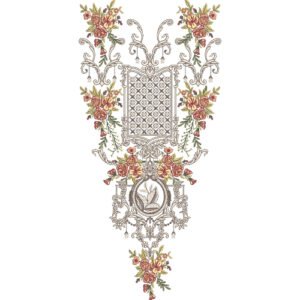 Luxury Vintage Floral Neck Embroidery Design with Ornamental Scrollwork and Lattice Panel