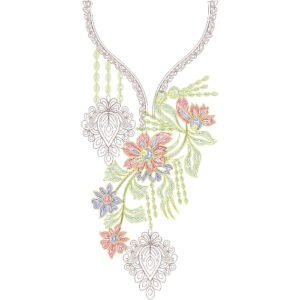 Elegant Floral V-Neck Embroidery Design with Ornamental Pendant Motifs and Botanical Pattern