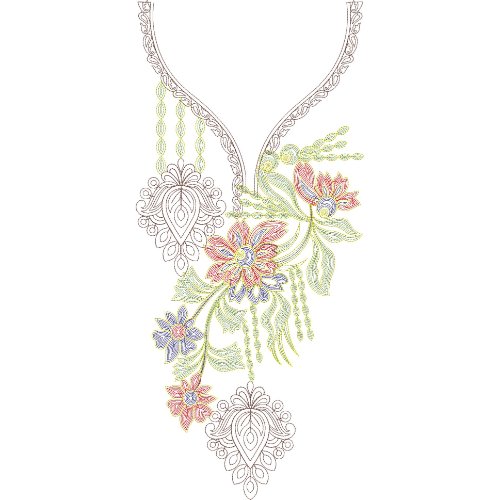 Elegant Floral V-Neck Embroidery Design with Ornamental Pendant Motifs and Botanical Pattern
