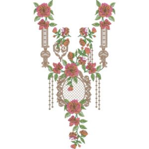 Luxury Floral Neck Embroidery Design with Ornamental Frame and Hanging Tassel Pattern