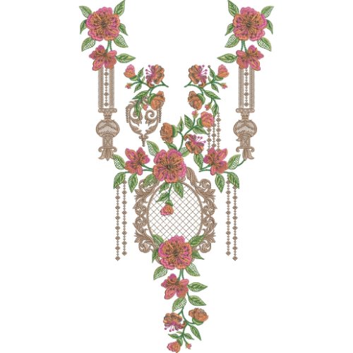 Luxury Floral Neck Embroidery Design with Ornamental Frame and Hanging Tassel Pattern