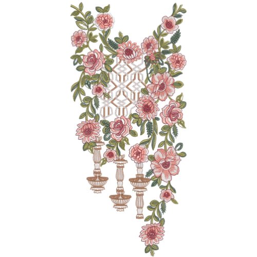 Luxury Floral Neck Embroidery Design with Hanging Tassels and Rose Vine Pattern
