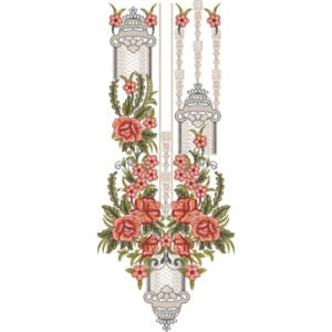 Luxury Floral Neck Embroidery Design with Ornamental Lantern Motifs and Rose Vine Pattern