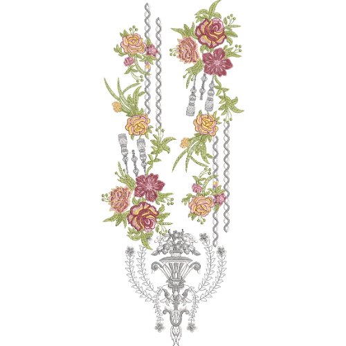 Luxury Floral Neck Embroidery Design with Ornamental Urn Motif and Hanging Tassel Pattern