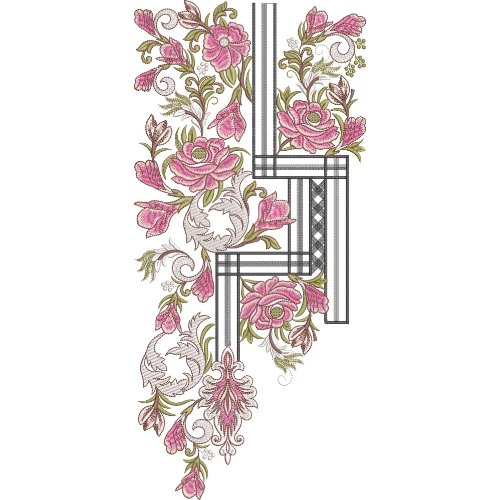 Luxury Floral Neck Embroidery Design with Geometric Frame and Ornamental Scrollwork Pattern