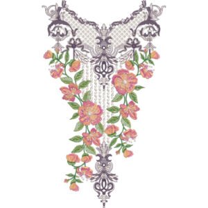 Luxury Floral V-Neck Embroidery Design with Ornamental Lace Border and Cascading Blossom Vines