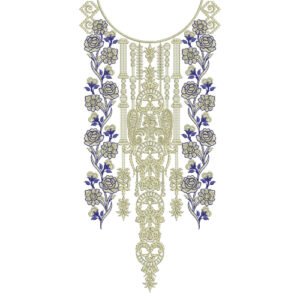 Luxury Round Neck Embroidery Design with Blue Floral Vines and Ornamental Heritage Pattern
