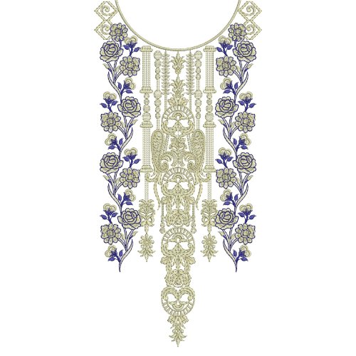 Luxury Round Neck Embroidery Design with Blue Floral Vines and Ornamental Heritage Pattern