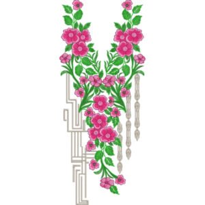 Luxury Floral V-Neck Embroidery Design with Geometric Border and Cascading Blossom Pattern