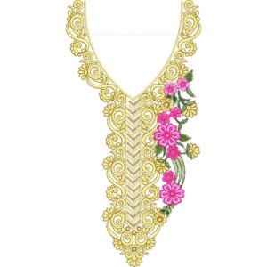 Luxury Ornamental V-Neck Embroidery Design with Floral Vine and Baroque Scroll Pattern
