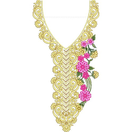 Luxury Ornamental V-Neck Embroidery Design with Floral Vine and Baroque Scroll Pattern