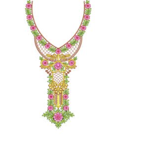 Luxury Floral V-Neck Embroidery Design with Ornamental Pendant and Lattice Pattern