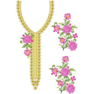 Luxury Rose V-Neck Embroidery Design with Floral Border and Decorative Vine Pattern