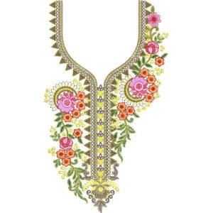 Luxury Floral Round Neck Embroidery Design with Ornamental Border and Blooming Vine Pattern