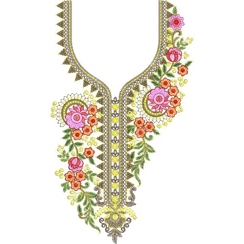 Luxury Floral Round Neck Embroidery Design with Ornamental Border and Blooming Vine Pattern